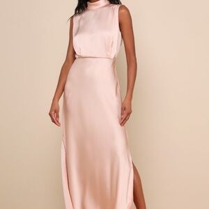 Lulus Classic Elegance Blush Satin Sleeveless Mock Neck Maxi Dress Pink - Size L